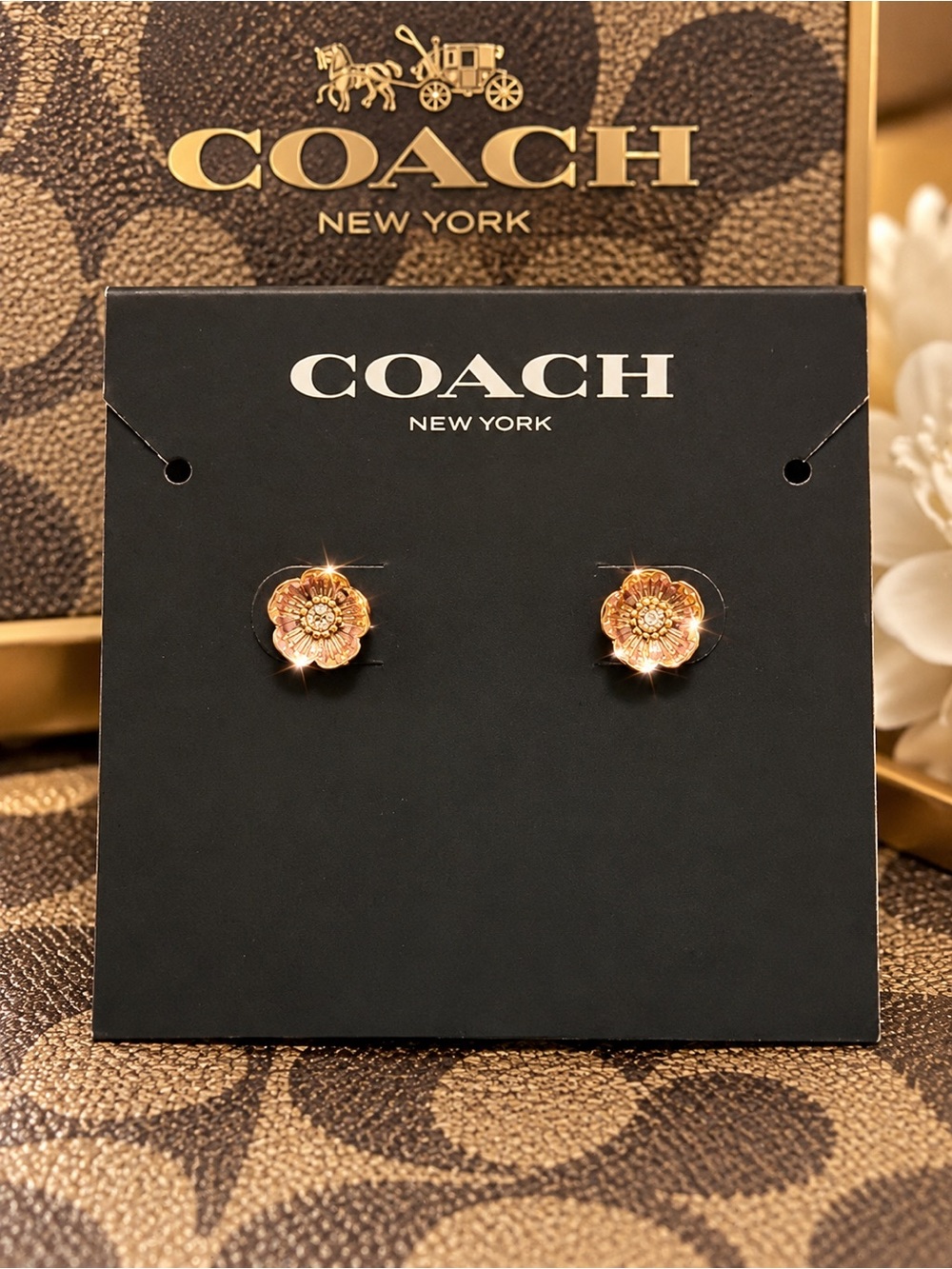 Coach Rose Gold Floral Stud Earrings with Crystal Center